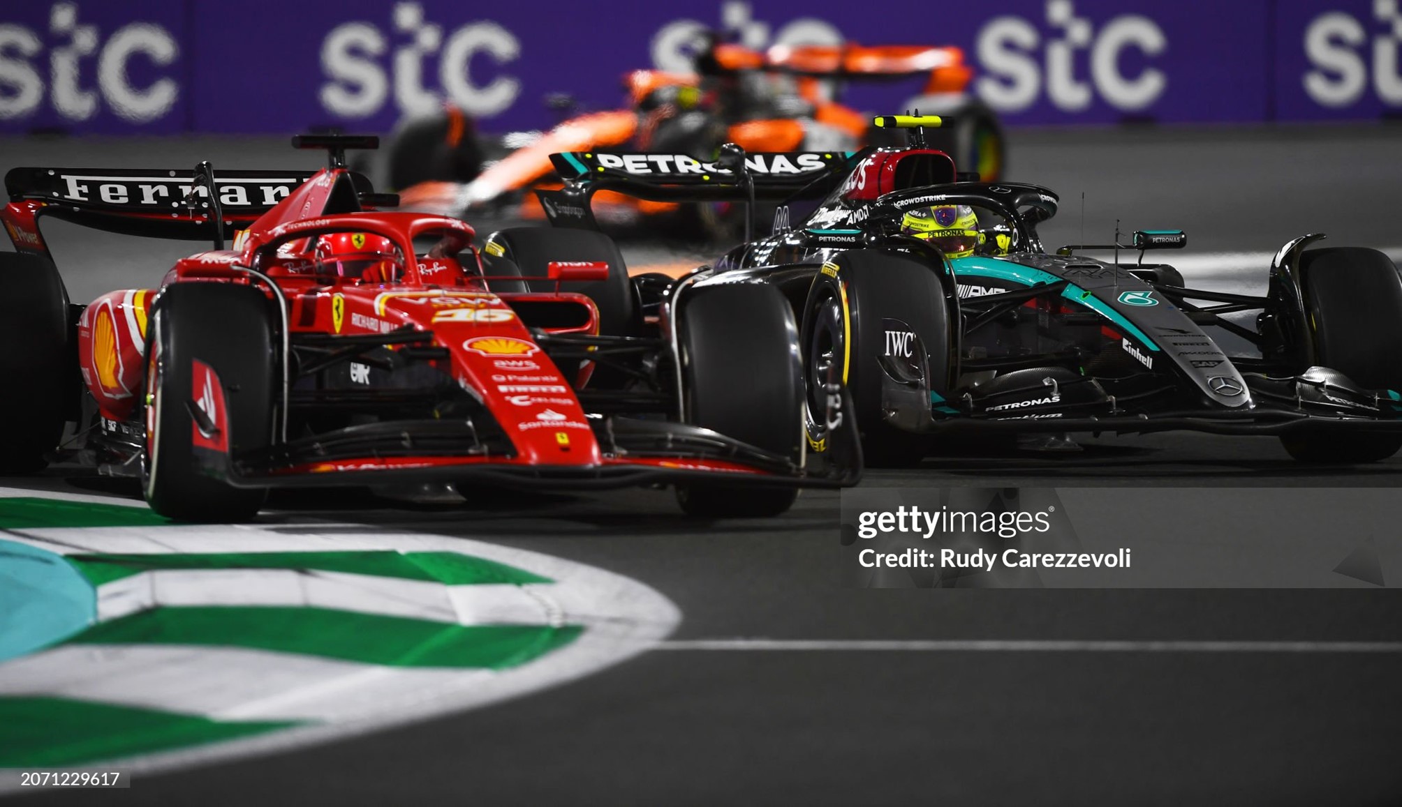 Lewis Hamilton and Charles Leclerc battle for track position during the F1 Grand Prix of Saudi Arabia at Jeddah Corniche Circuit in Jeddah, Saudi Arabia, on 09 March 2024. 