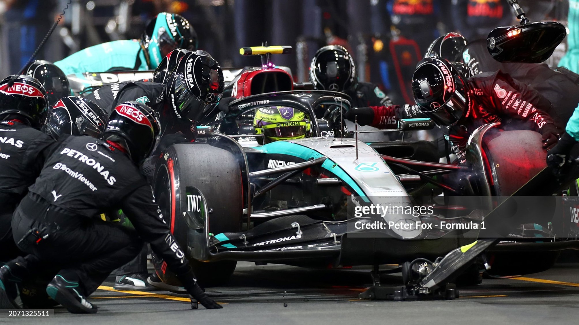 Lewis Hamilton makes a pitstop during the F1 Grand Prix of Saudi Arabia at Jeddah Corniche Circuit on March 09, 2024. 