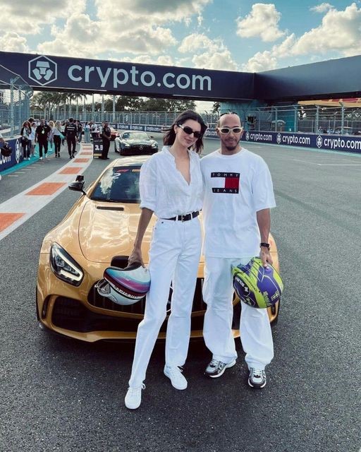 Lewis took Kendall Jenner around the Miami F1 circuit in a Mercedes AMG GT R in May 2024.