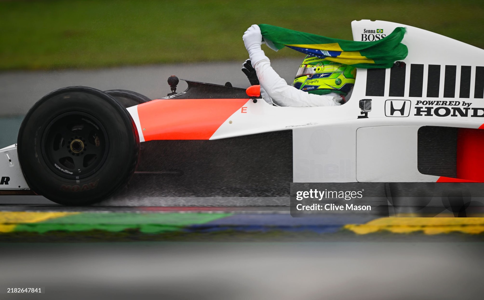 Lewis Hamilton drives the 1990 McLaren MP45 in tribute to the late Ayrton Senna on track prior to the F1 Grand Prix of Brazil at Autodromo Jose Carlos Pace in Sao Paulo, Brazil, on 03 November 2024. 