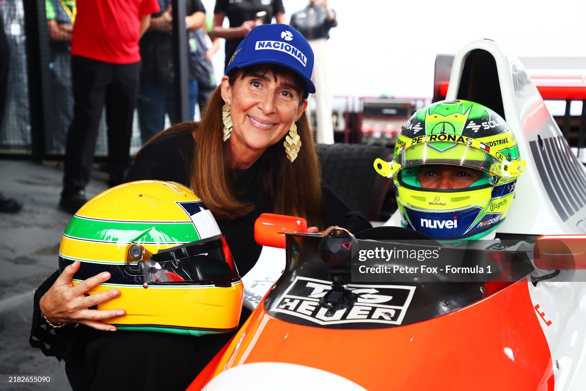 Lewis Hamilton greets Viviane Senna after driving the 1990 McLaren MP45 in tribute to the late Ayrton Senna prior to the F1 Grand Prix of Brazil at Autodromo Jose Carlos Pace on November 03, 2024. 