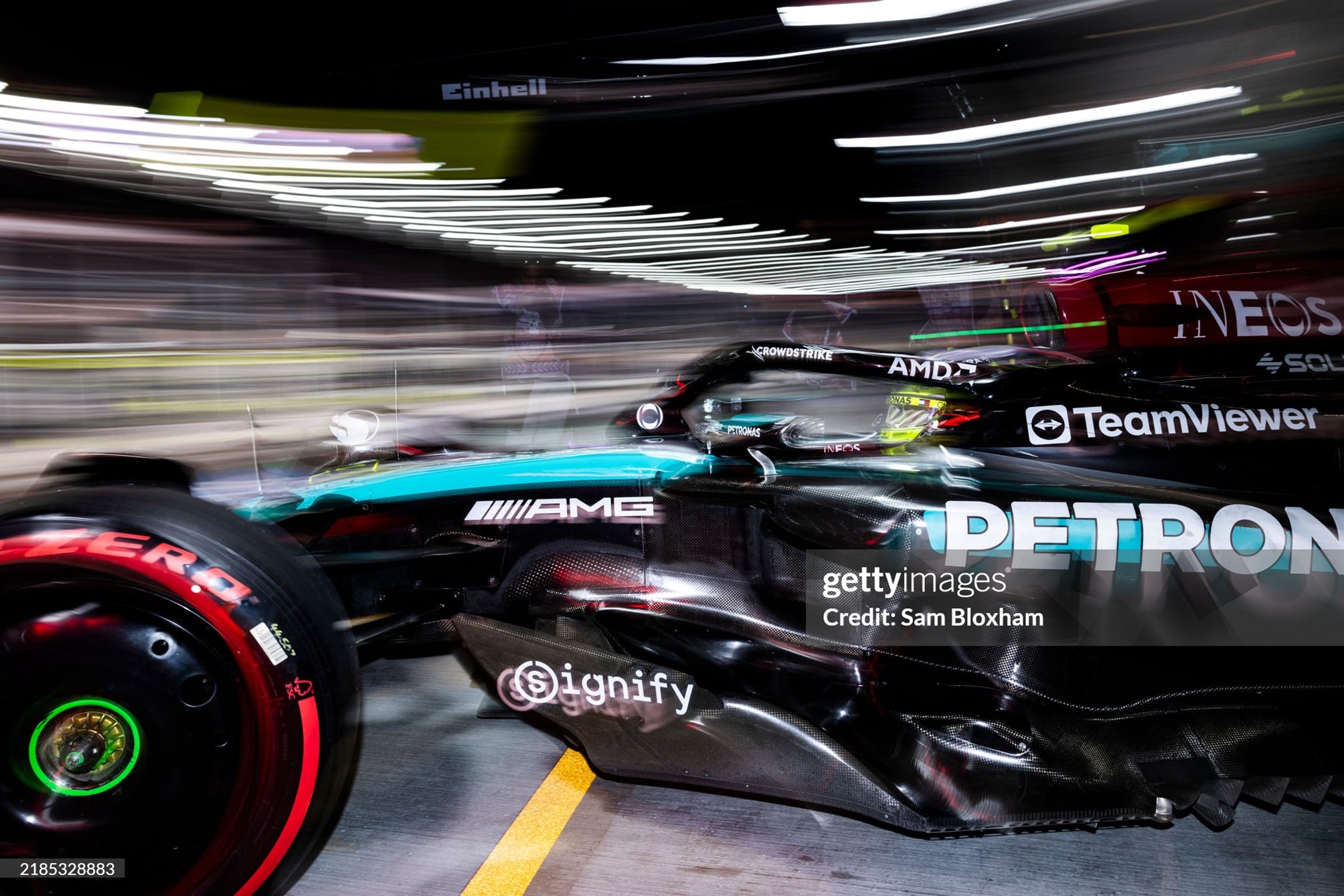 Lewis Hamilton leaves the garage during practice for the F1 Grand Prix of Las Vegas at Las Vegas Strip Circuit on November 21, 2024. 