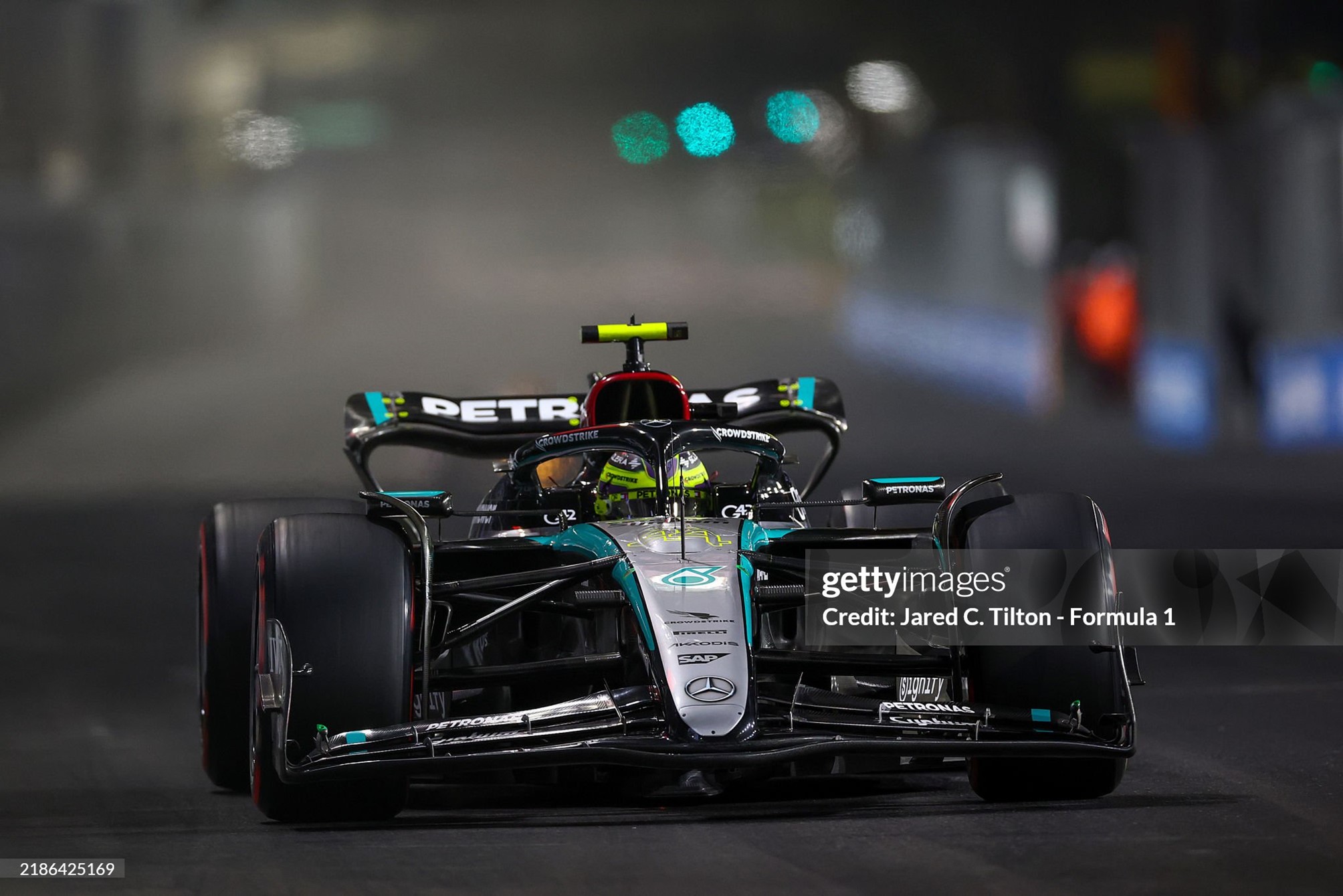 Lewis Hamilton on track during qualifying ahead of the F1 Grand Prix of Las Vegas at Las Vegas Strip Circuit on November 22, 2024. 