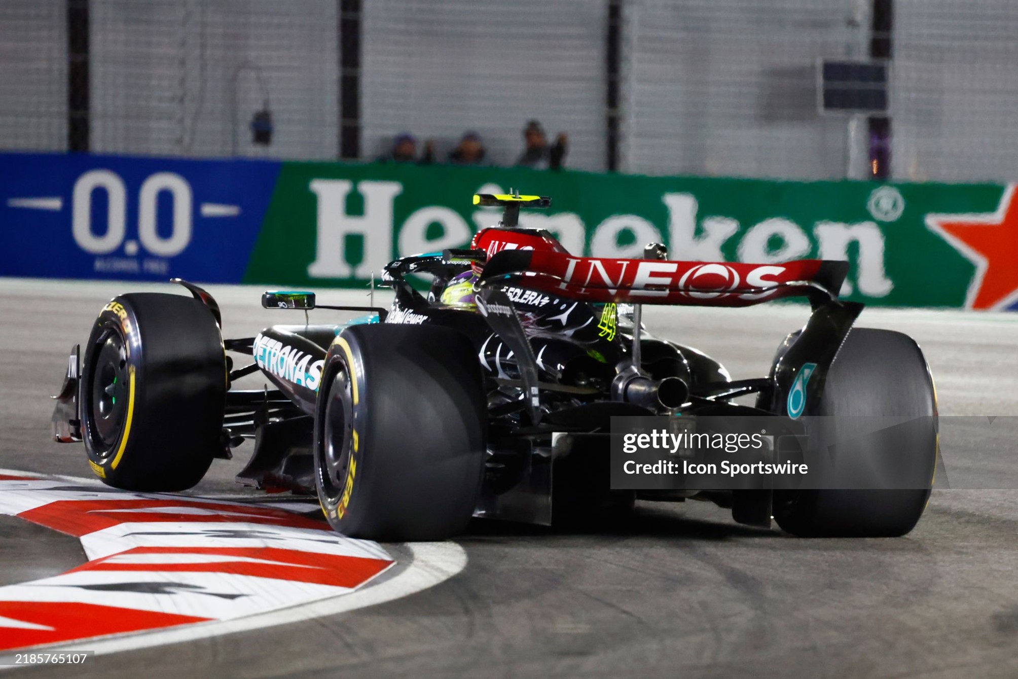 Lewis Hamilton races through turn 1 during the Formula 1 Las Vegas Grand Prix on the Las Vegas Strip Circuit on November 23, 2024. 