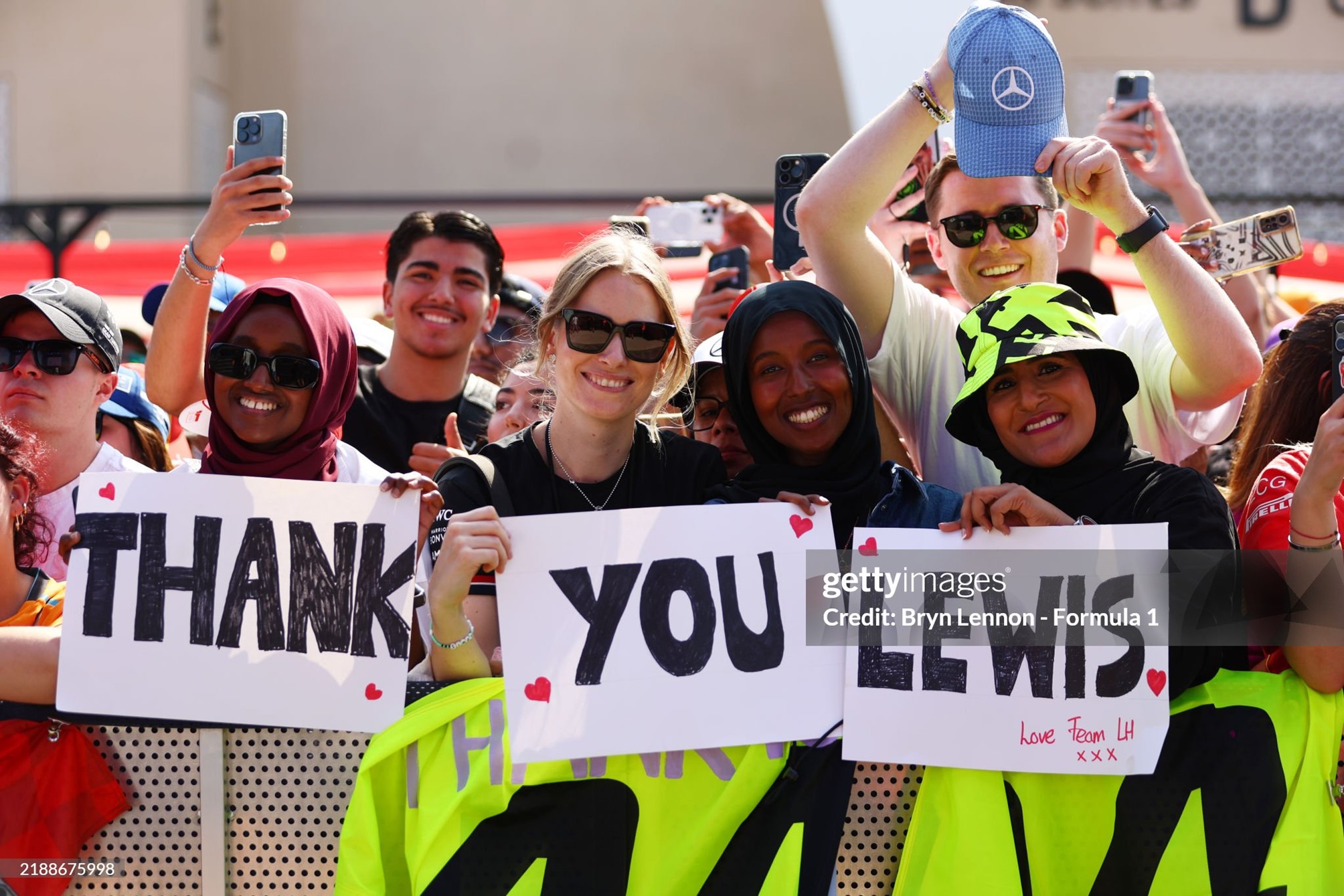 Lewis Hamilton fans show their support at the fanstage prior to final practice ahead of the F1 Grand Prix of Abu Dhabi at Yas Marina Circuit on 07 December 2024. 