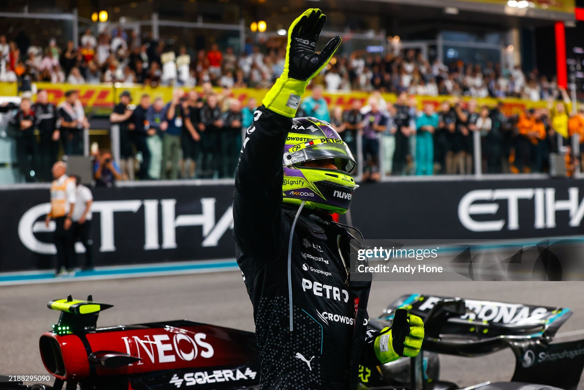 Lewis Hamilton greets his fans on the grid at the end of the F1 Grand Prix of Abu Dhabi at Yas Marina Circuit on December 08, 2024.