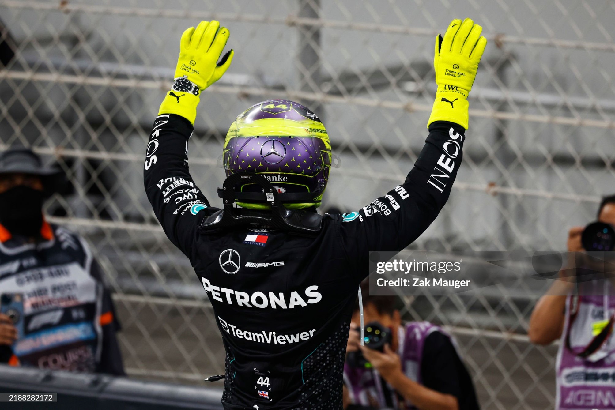 Lewis Hamilton, for the last time in the Mercedes suit, greets the fans of the Silver Arrows after the F1 Grand Prix of Abu Dhabi at Yas Marina Circuit on December 08, 2024. 