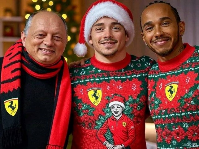 The first Christmas ‘in red’ for Lewis Hamilton, here with his new team mates Frederic Vasseur and Charles Leclerc.