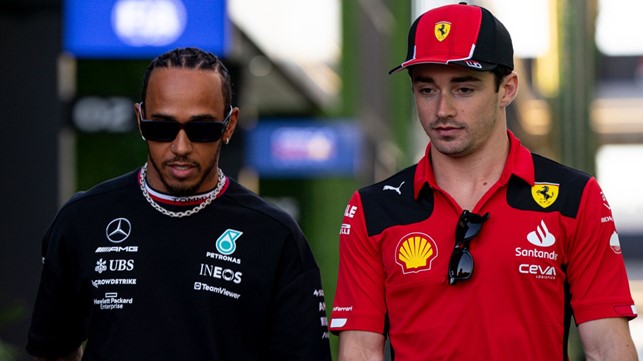 Lewis Hamilton, Mercedes, with Charles Leclerc, Ferrari.