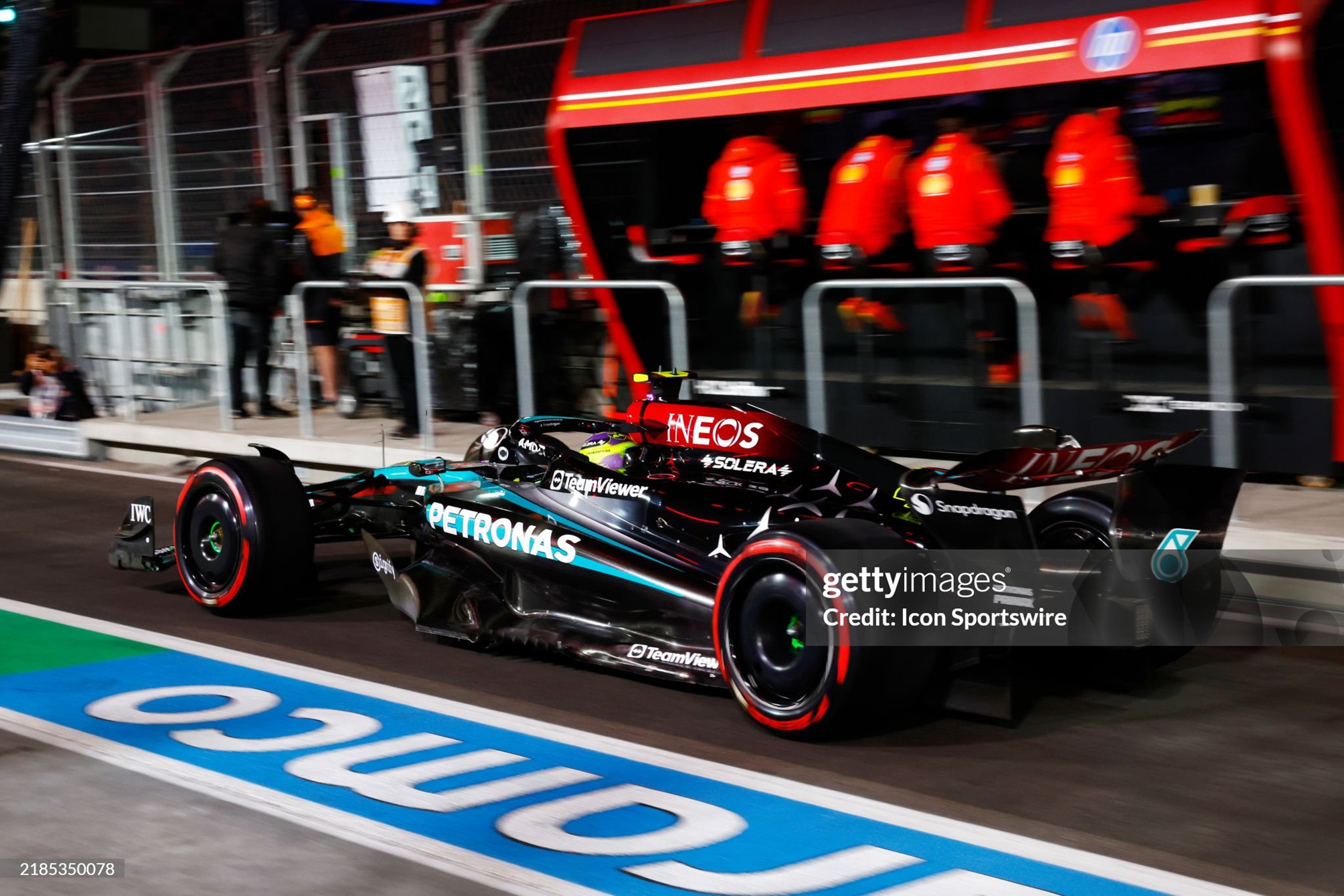 Lewis Hamilton, Mercedes, drives down the pit road during free practice 2 ahead of the Formula 1 Las Vegas Grand Prix at the Las Vegas Strip Circuit on 21 November 2024 in Las Vegas, Nevada. 