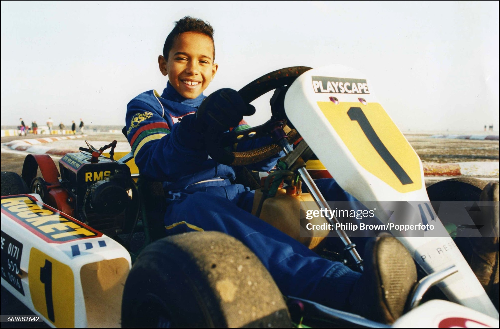 British Junior Go Kart racer Lewis Hamilton, aged 10, ready for a drive at Kimbolton race track in England on 19 December 1995. 