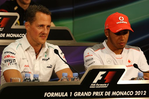 Michael Schumacher with Lewis Hamilton at the 2012 Monaco Grand Prix.