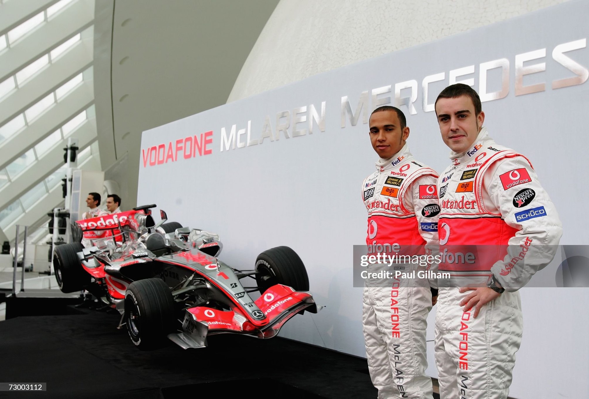 Lewis Hamilton and Fernando Alonso pose for the media during the launch of the McLaren Mercedes MP4-22 at Hemisferic, Ciudad de las Artes y las Ciencias, on 15 January 2007 in Valencia, Spain. 