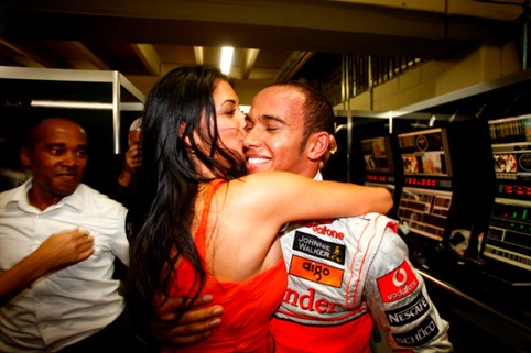 Lewis Hamilton, McLaren MP4-23 Mercedes, 5th position, celebrates his world title with his girlfriend Nicole Scherzinger at Interlagos in Sao Paulo, Brazil, on 02 October 2008. 