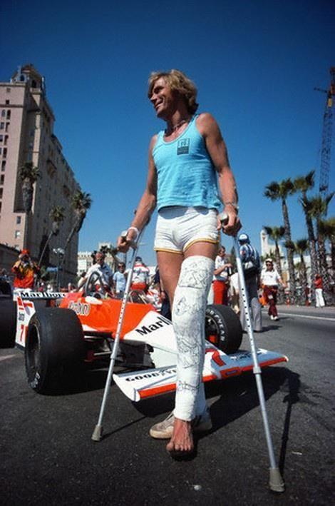 James Hunt at Long Beach with a broken leg. 