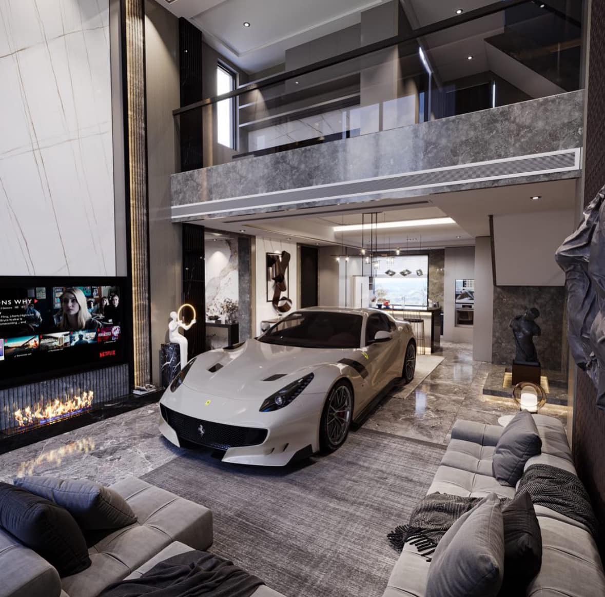 A white Ferrari in the living room.