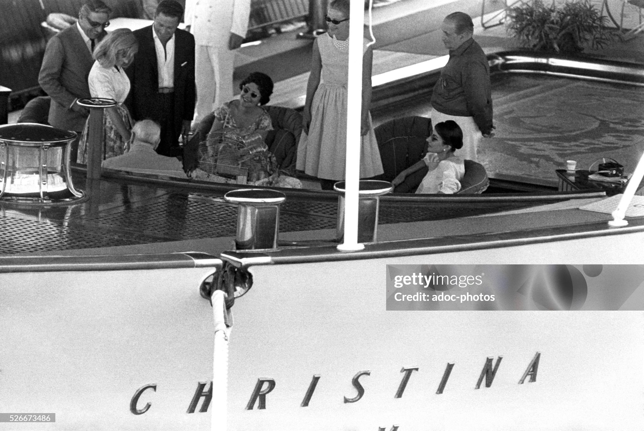Aristotle Onassis, Winston Churchill (back seated), Maria Callas and her husband Giovanni Battista Meneghini on board Christina O, yacht of the Greek shipping magnate Aristotle Onassis, in the port of Monaco (Principality of Monaco) on 23 July 1959. 