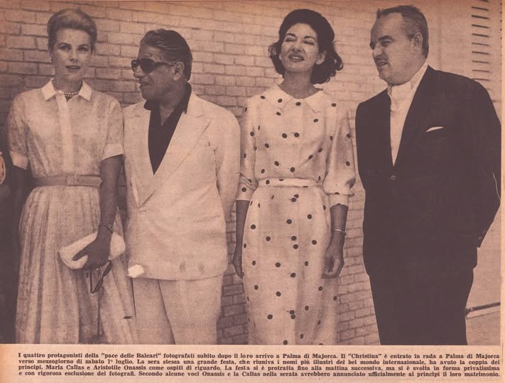 Aristotle Onassis, Maria Callas, Princess Grace of Monaco and Rainier III, Prince of Monaco, in Palma de Mallorca, Spain, on 04 April 1961.