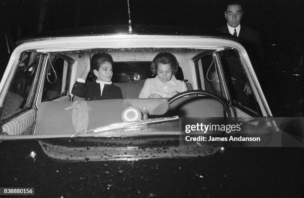Maria Callas with Liliane Bettencourt, wife of the minister André Bettencourt, arrive at a meeting for medical research at UNESCO in Paris on 11 October 1968.