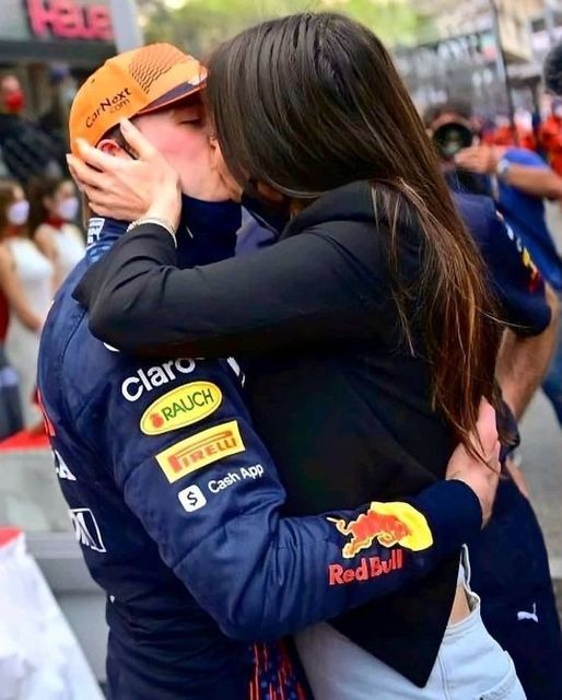 Max Verstappen and Kelly Piquet share a post race kiss after the Monaco Grand Prix win on May 23, 2021.