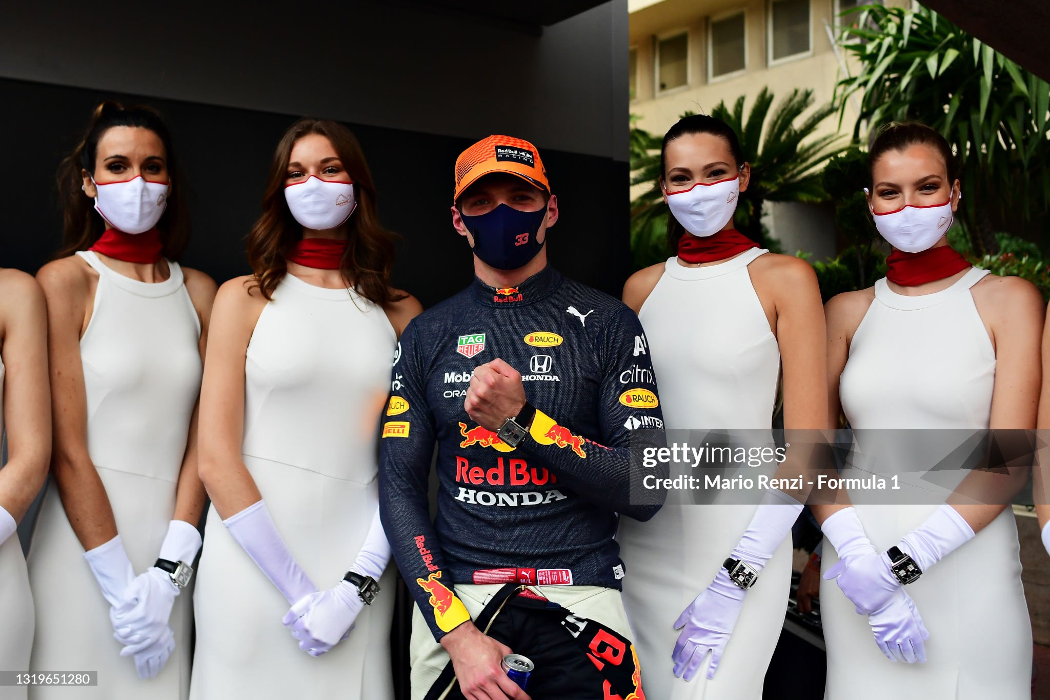 Race winner Max Verstappen of Netherlands and Red Bull Racing poses with members of the presentation party during the F1 Grand Prix of Monaco at Circuit de Monaco on May 23, 2021 in Monte-Carlo, Monaco. 