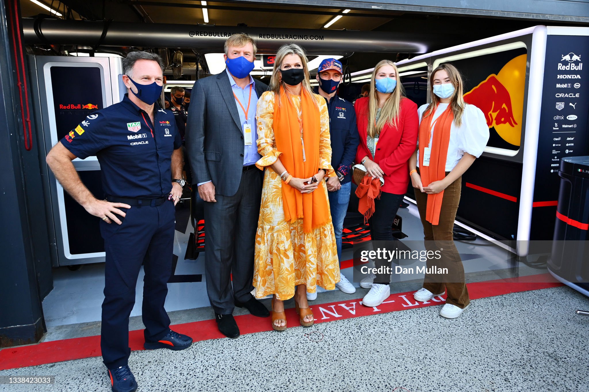 Max Verstappen of Netherlands and Red Bull Racing and Red Bull Racing Team Principal Christian Horner pose for a photo with King Willem - Alexander, Queen Maxima Princess Catharina - Amalia and Princess Alexia of the Netherlands outside the Red Bull Racing garage ahead of the F1 Grand Prix of The Netherlands at Circuit Zandvoort on September 05, 2021 in Zandvoort, Netherlands. 