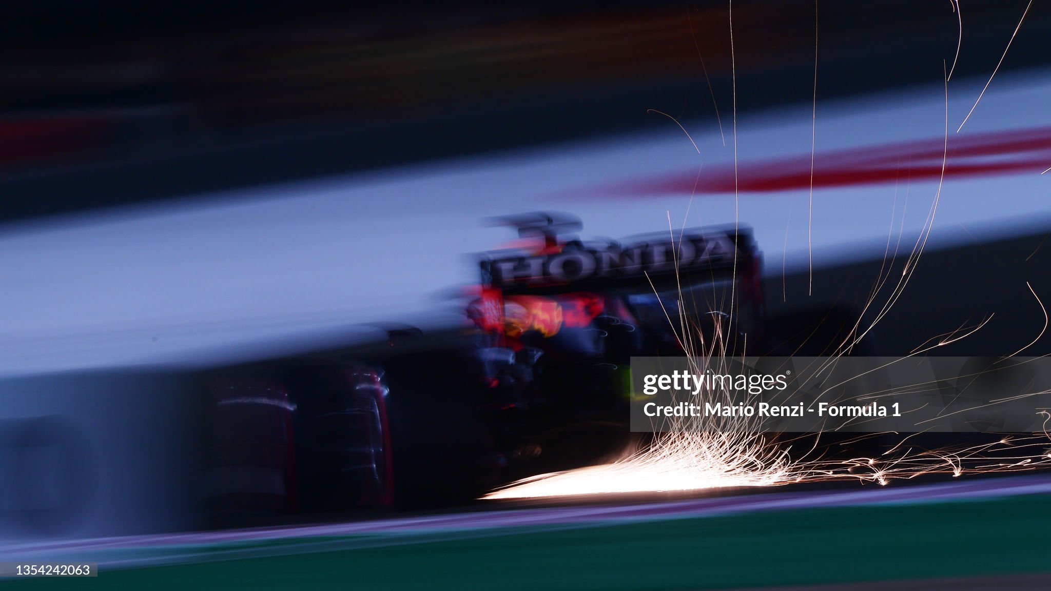 Sparks fly behind Max Verstappen during practice ahead of the F1 Grand Prix of Qatar at Losail International Circuit on November 19, 2021 in Doha, Qatar. 