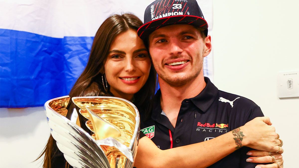 Kelly Piquet hugs Max Verstappen World Champion at Abu Dhabi on December 12, 2021.