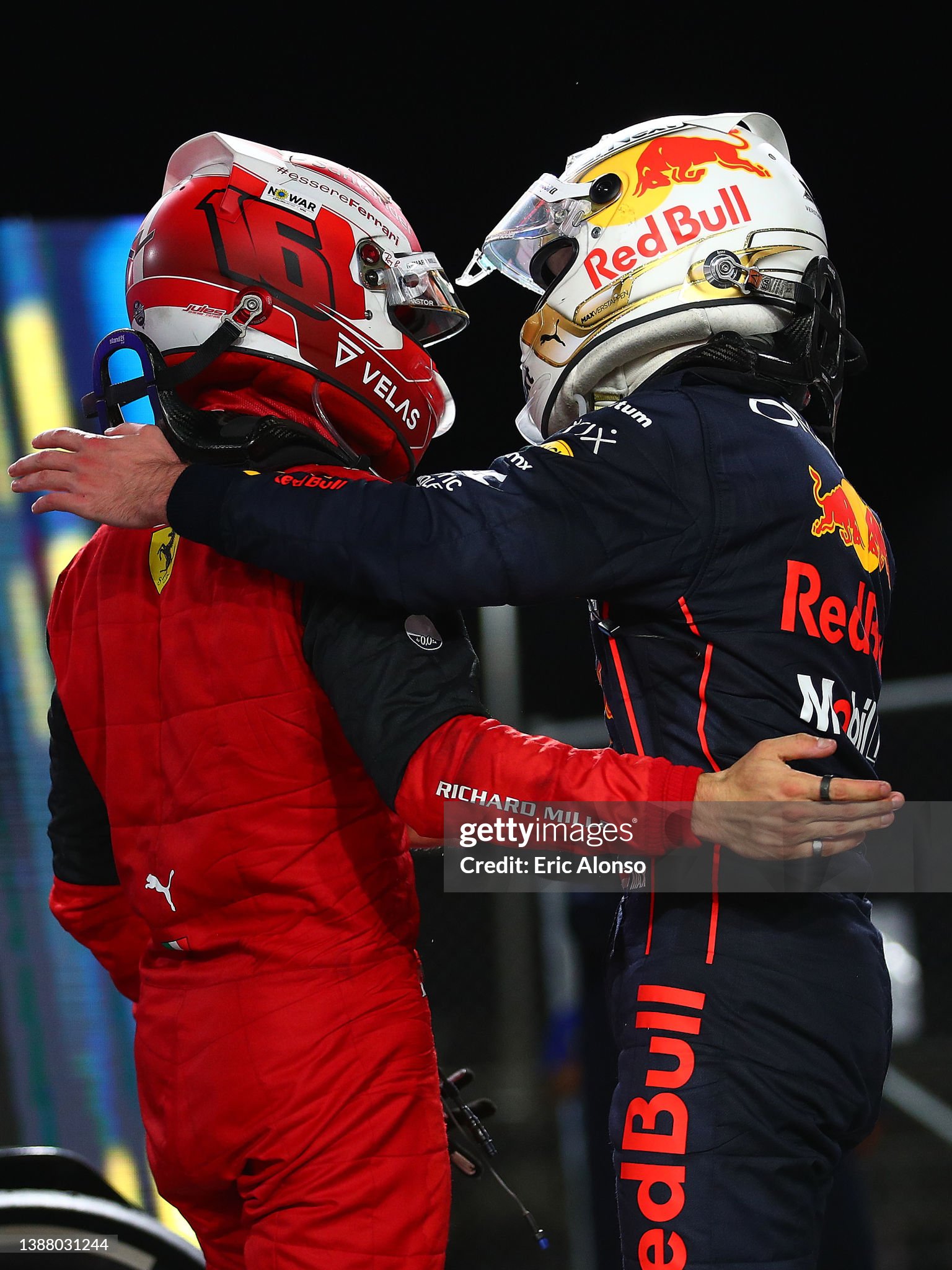 Max Verstappen waves Charles Leclerc after the F1 Grand Prix of Saudi Arabia at the Jeddah Corniche Circuit on March 27, 2022 in Jeddah, Saudi Arabia. 