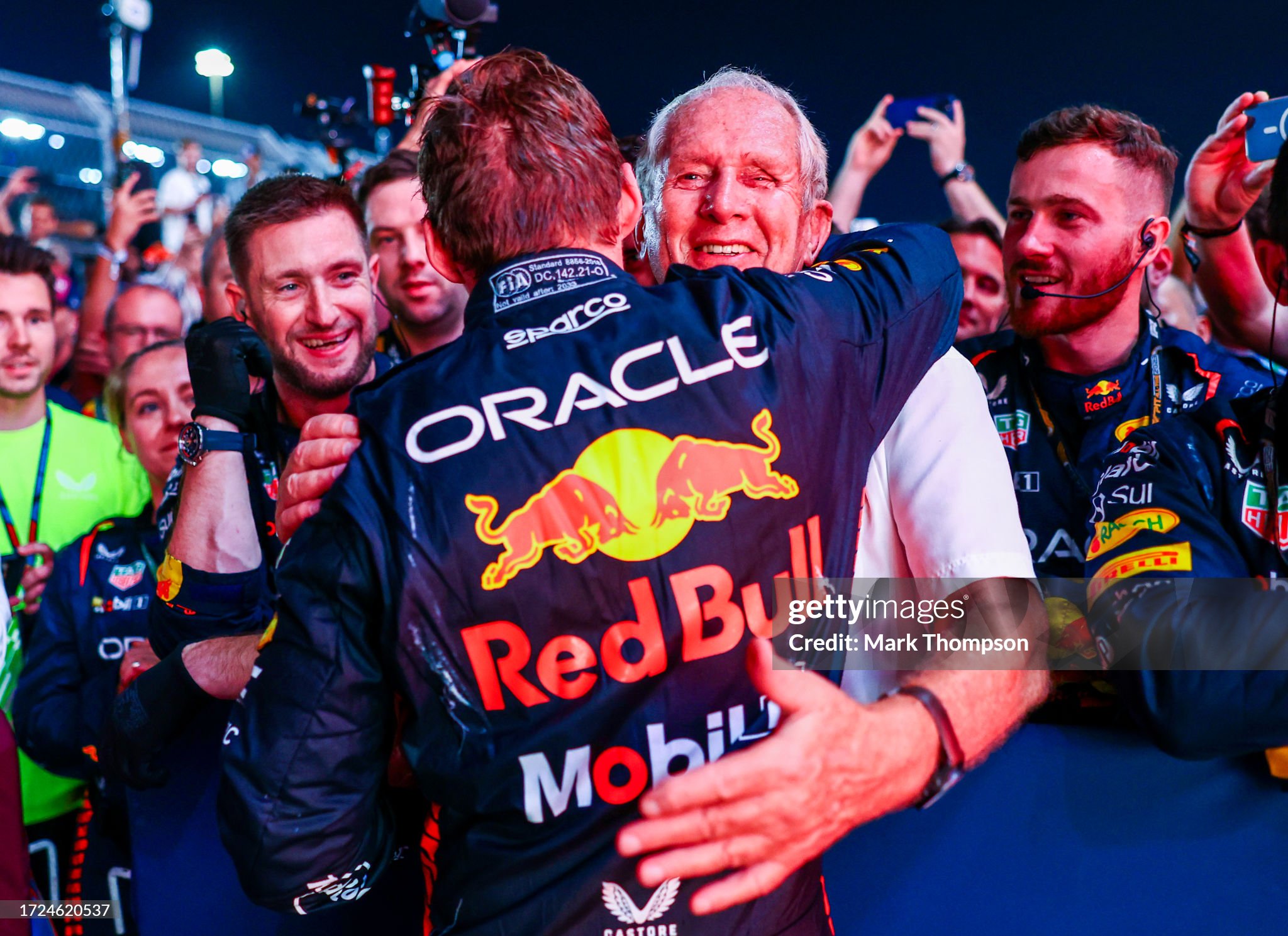 Race winner Max Verstappen celebrates with Red Bull team consultant Helmut Marko in parc ferme during the F1 Grand Prix of Qatar at Lusail International Circuit on 08 October 2023 in Lusail City, Qatar. 