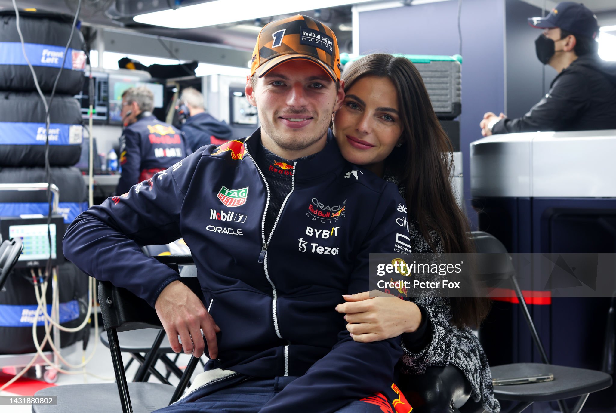 Max Verstappen and Kelly Piquet pose for a photo during a red flag delay during the F1 Grand Prix of Japan at Suzuka International Racing Course on October 09, 2022. 