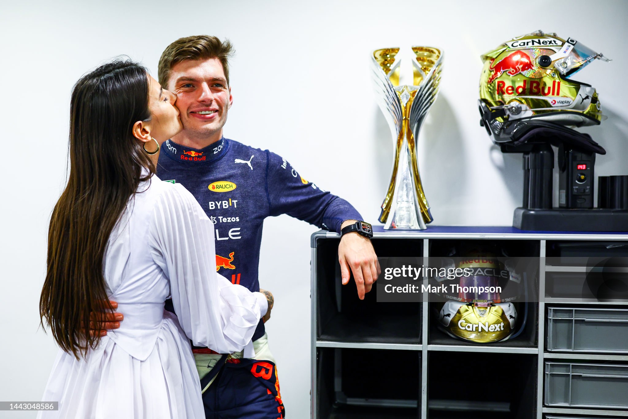 Race winner Max Verstappen and Kelly Piquet pose for a photo after the F1 Grand Prix of Abu Dhabi at Yas Marina Circuit on November 20, 2022. 