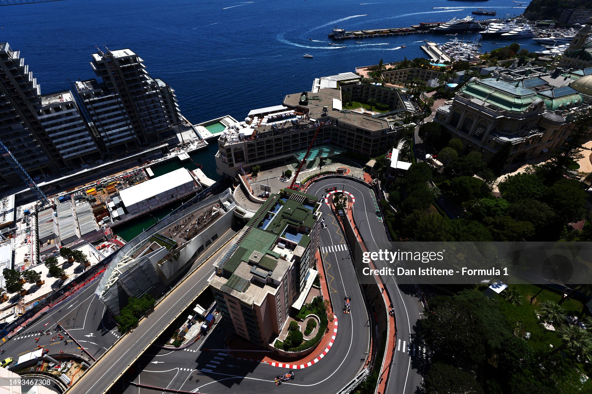 A general view showing Max Verstappen and Sergio Perez on track during practice ahead of the F1 Grand Prix of Monaco at Circuit de Monaco on May 26, 2023 in Monte-Carlo, Monaco. 