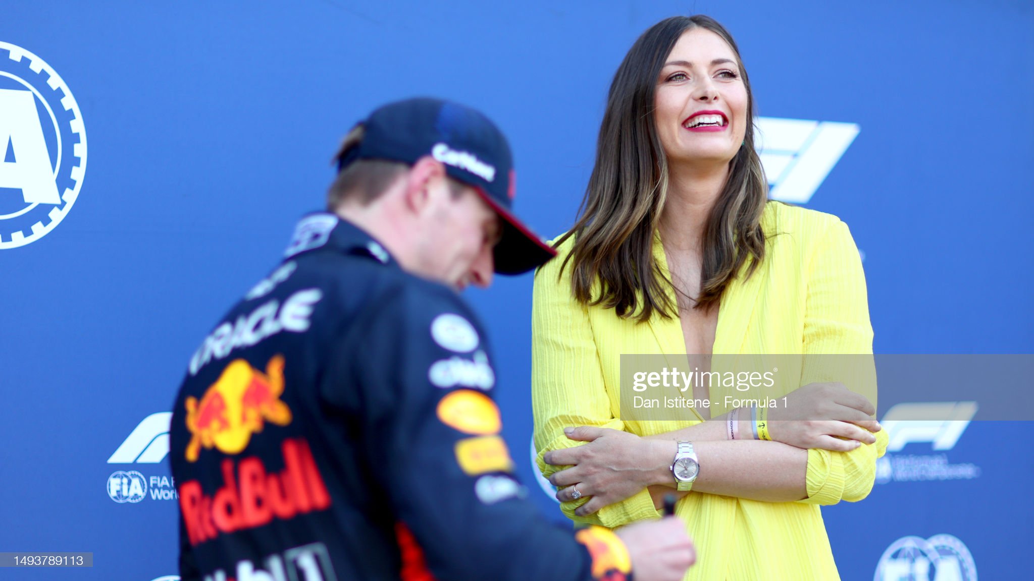 Pole position qualifier Max Verstappen is presented with the Pirelli Pole Position Award by Maria Sharapova after qualifying ahead of the F1 Grand Prix of Monaco at Circuit de Monaco on May 27, 2023. 