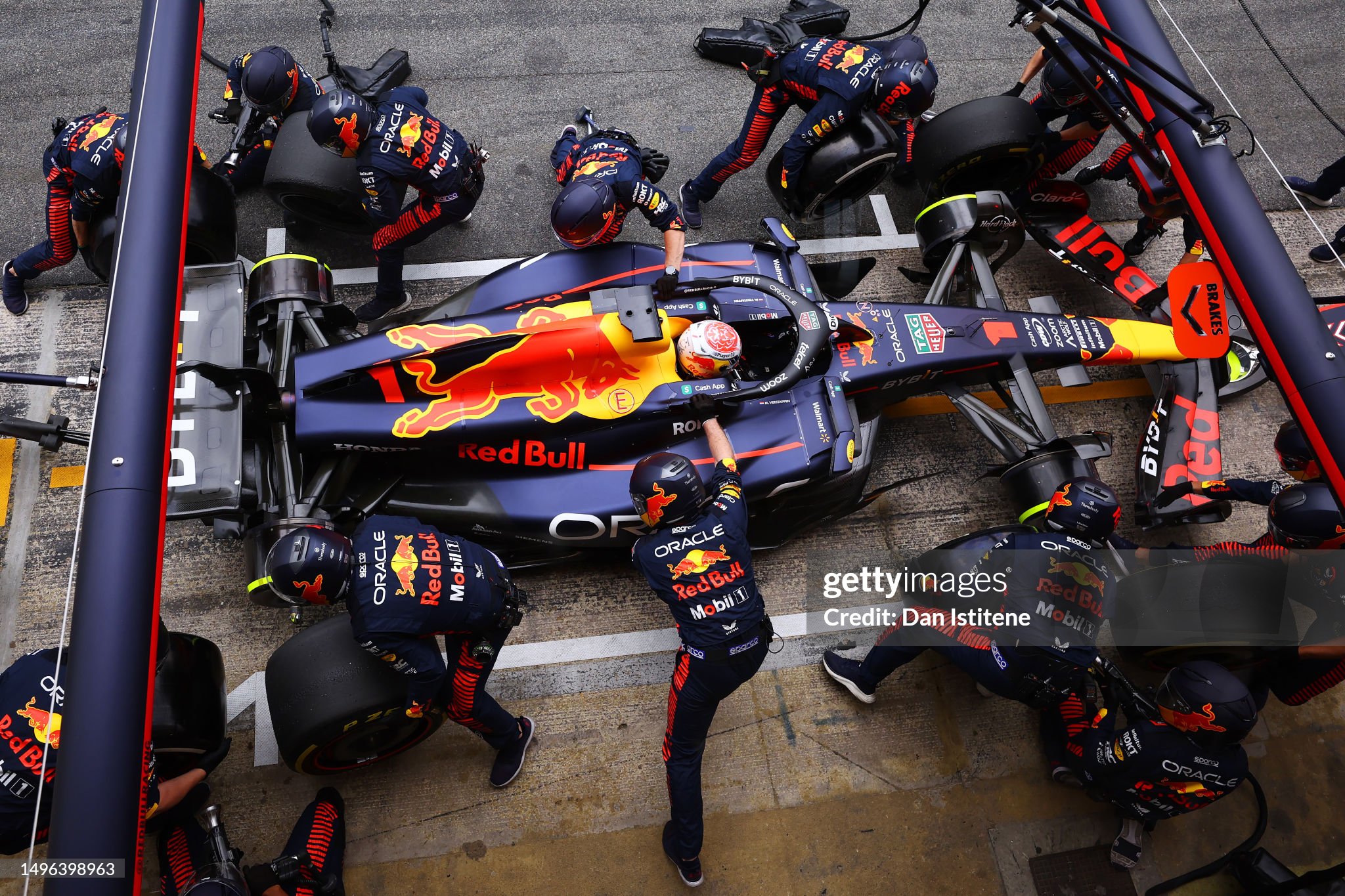 Max Verstappen makes a pitstop during the F1 Grand Prix of Spain at Circuit de Barcelona - Catalunya on June 04, 2023 in Barcelona, Spain. 