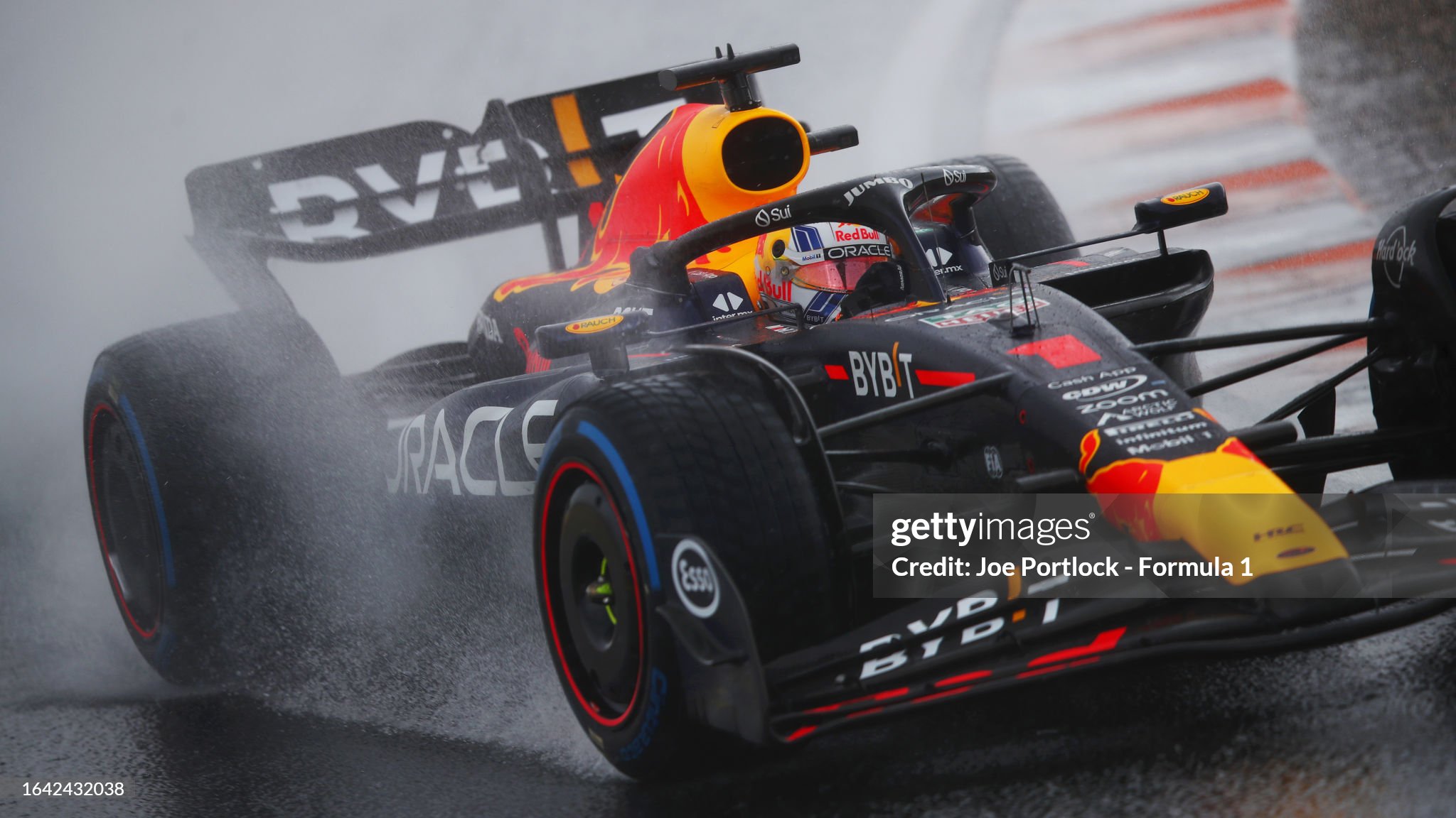 Max Verstappen driving the Red Bull Racing RB19 in the rain during the F1 Grand Prix of the Netherlands at Zandvoort on August 27, 2023. 