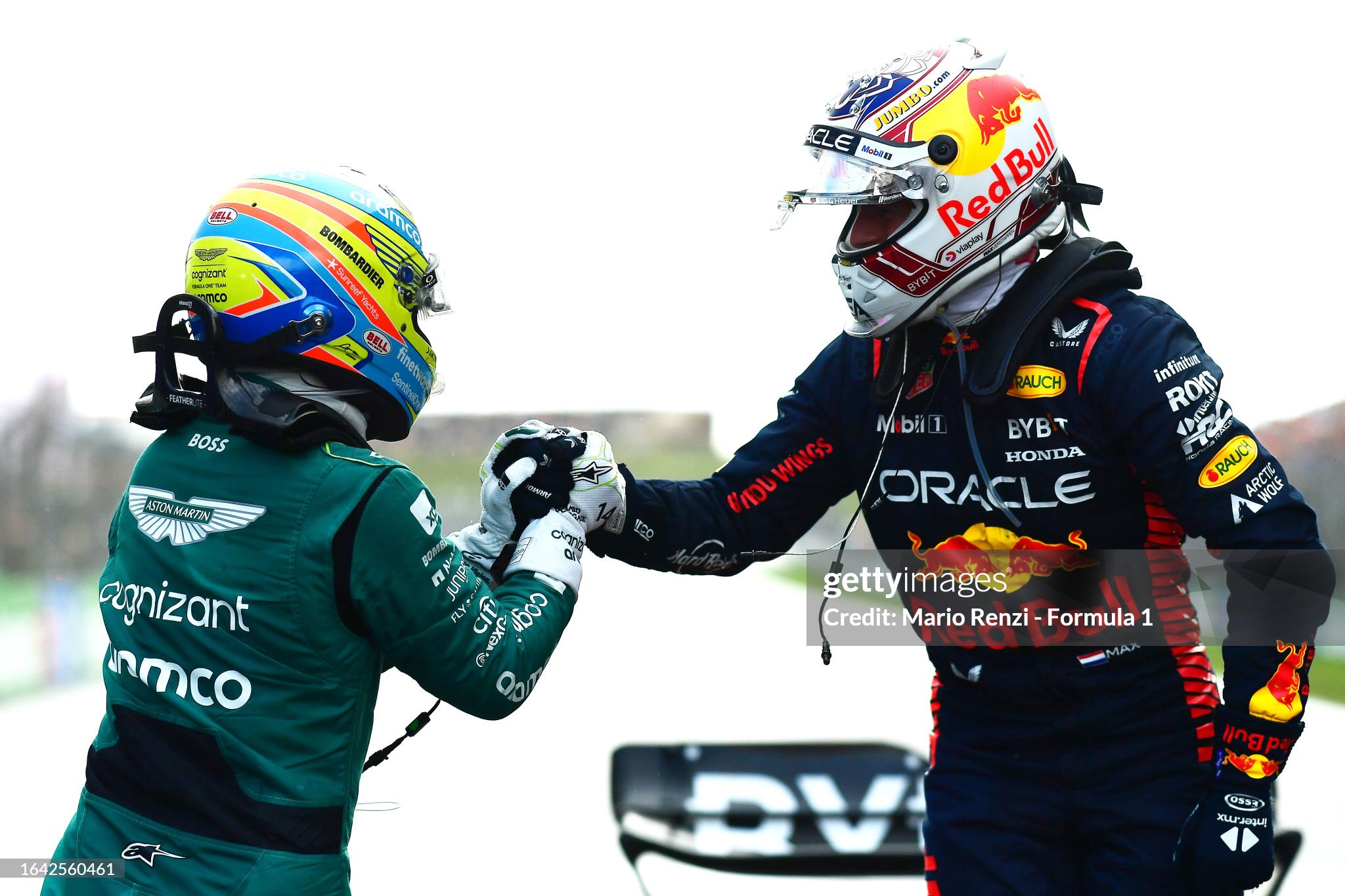 Race winner Max Verstappen and second placed Fernando Alonso celebrate in parc ferme after the F1 Grand Prix of the Netherlands at Zandvoort on August 27, 2023. 