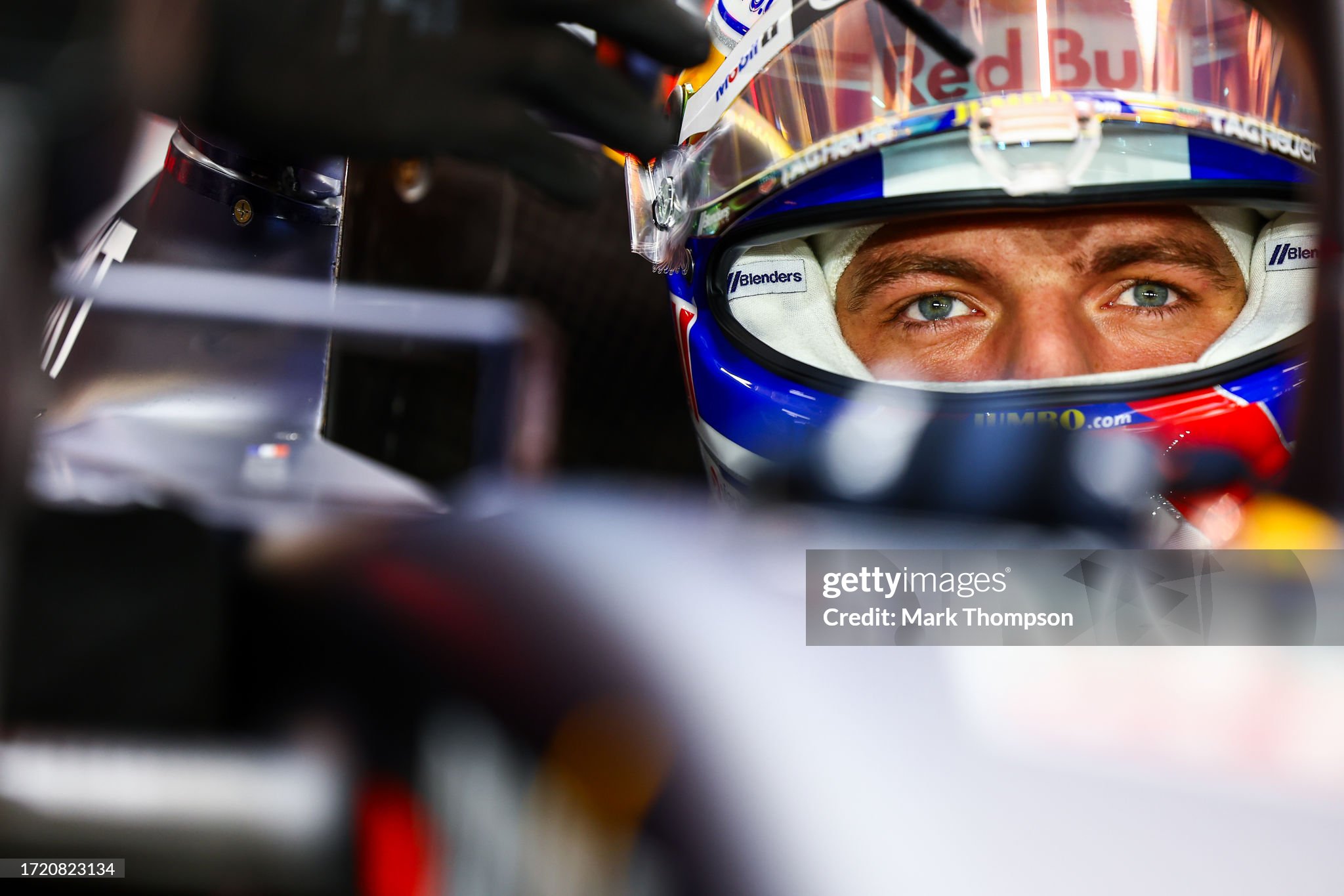 Max Verstappen prepares to drive in the garage during qualifying ahead of the F1 Grand Prix of Qatar at Lusail International Circuit on 06 October 2023 in Lusail City, Qatar. 