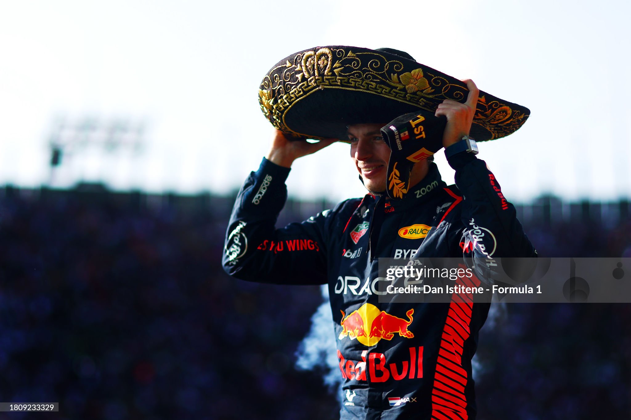 Max Verstappen celebrates on the podium after the F1 Grand Prix of Mexico at Autodromo Hermanos Rodriguez on 29 October 2023 in Mexico City, Mexico. 