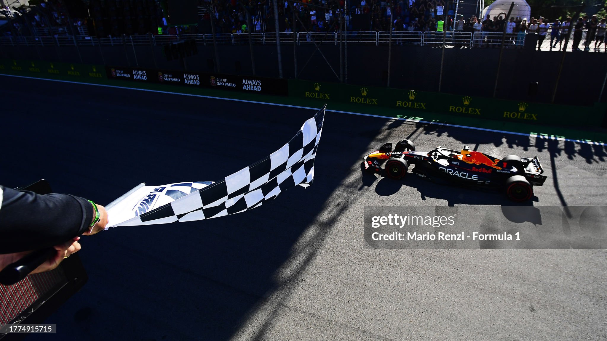 Sprint winner Max Verstappen crosses the finish line during the Sprint ahead of the F1 Grand Prix of Brazil at Autodromo Jose Carlos Pace on 04 November 2023 in Sao Paulo, Brazil. 