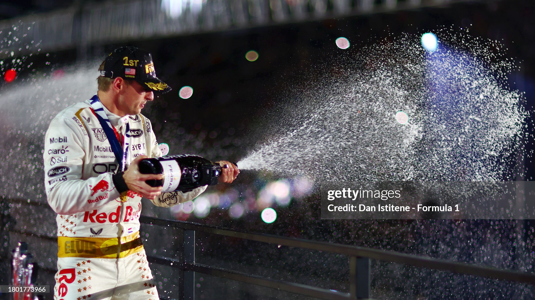 Max Verstappen celebrates on the podium after the F1 Grand Prix of Las Vegas at Las Vegas Strip Circuit on November 18, 2023. 