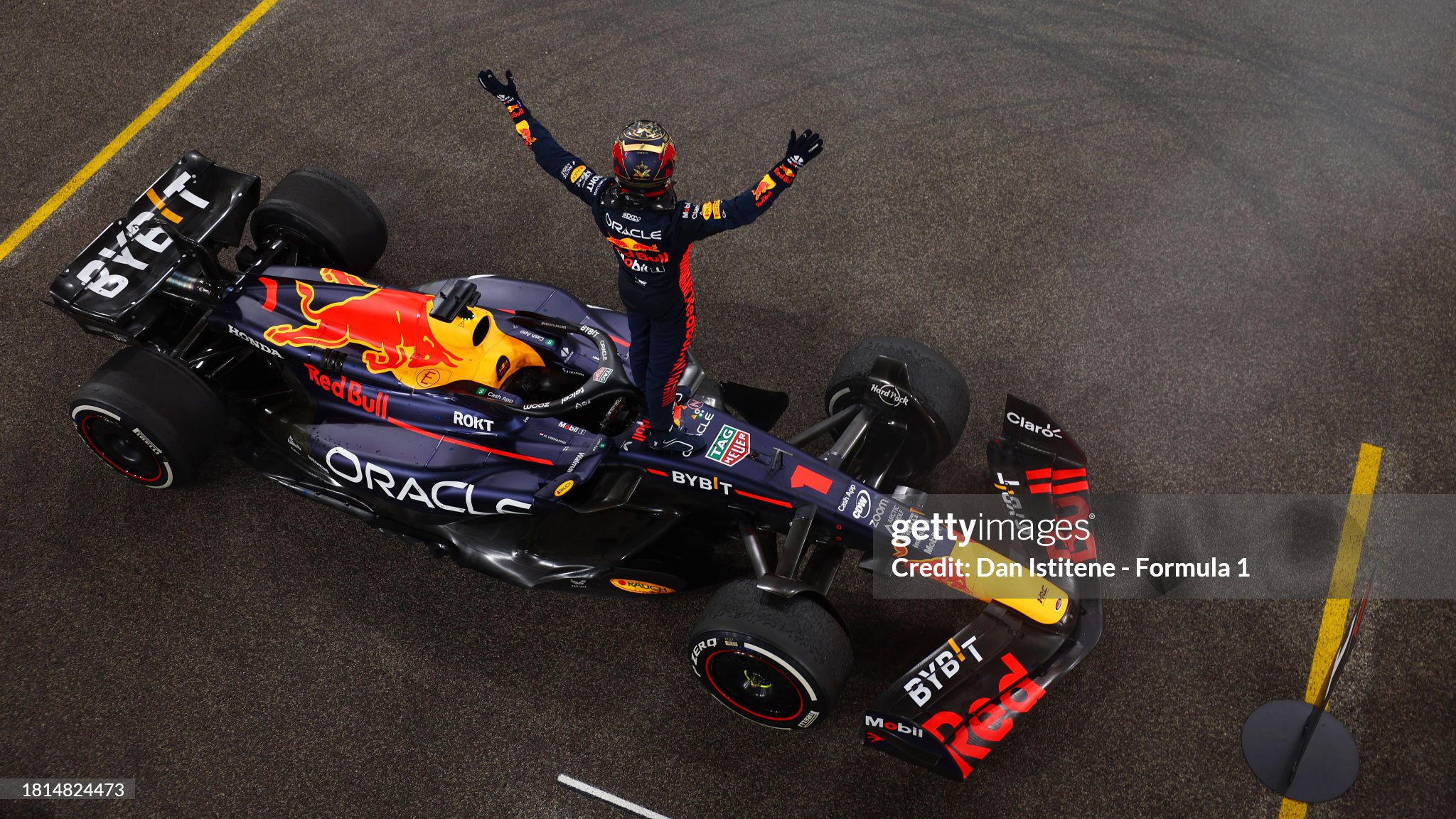 Race winner Max Verstappen celebrates in parc ferme after the F1 Grand Prix of Abu Dhabi at Yas Marina Circuit on 26 November 2023 in Abu Dhabi, United Arab Emirates. 