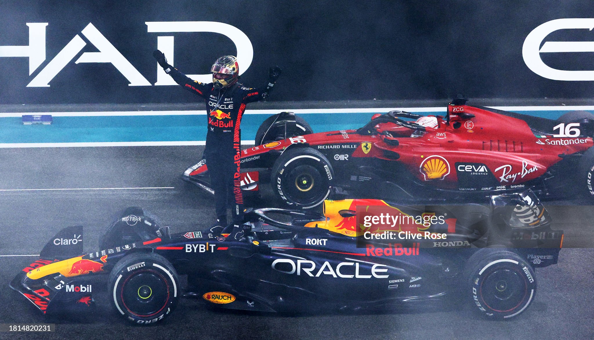 Race winner Max Verstappen celebrates in parc ferme after the F1 Grand Prix of Abu Dhabi at Yas Marina Circuit on November 26, 2023. 