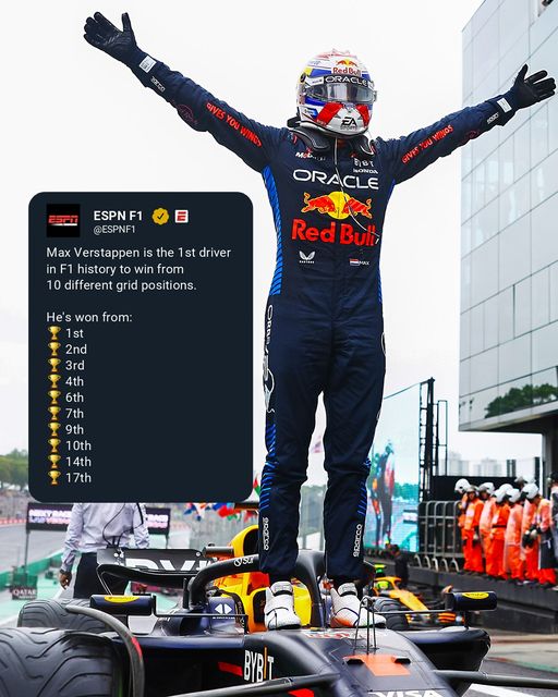 Max Verstappen is the first driver in Formula 1 history to win from ten different grid positions.