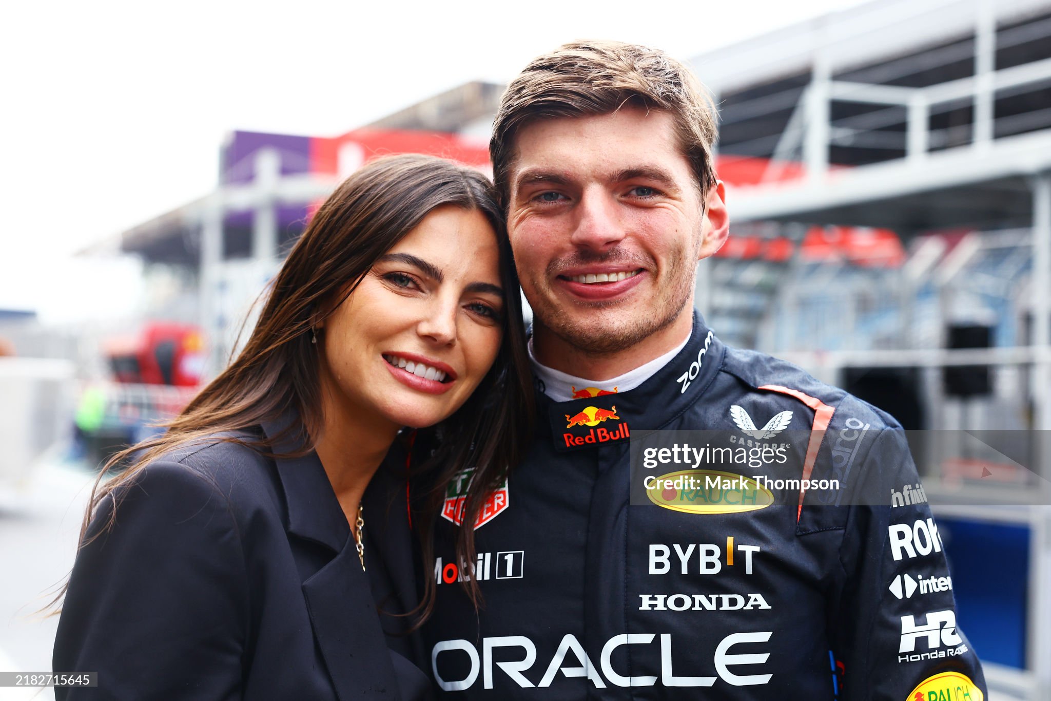 Max Verstappen and Kelly Piquet pose for a photo after the F1 Grand Prix of Brazil at Autodromo Jose Carlos Pace on November 03, 2024. 