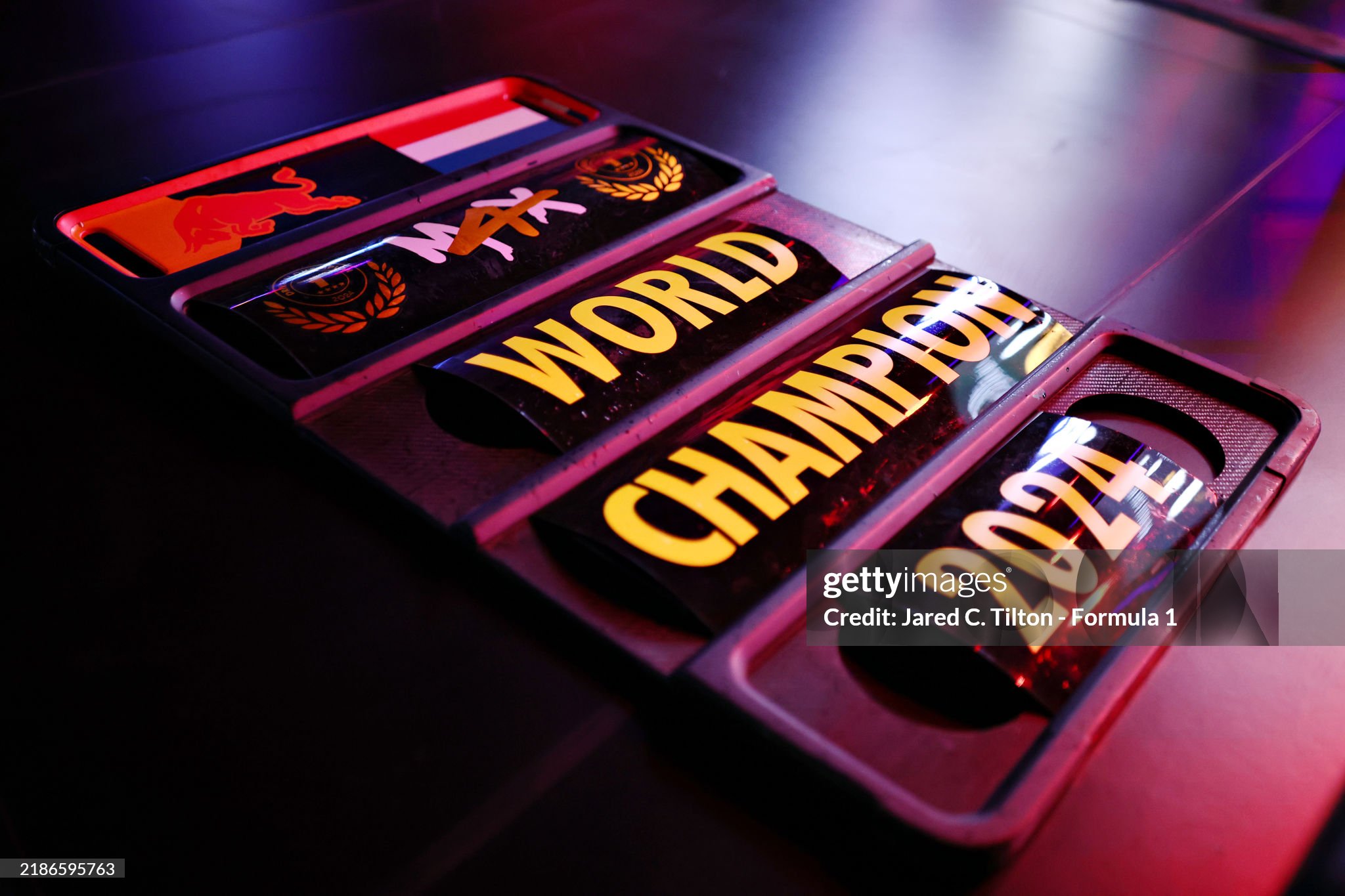 A detailed view of a pitlane board congratulating 2024 F1 World Drivers Champion Max Verstappen of the Netherlands and Oracle Red Bull Racing after the F1 Grand Prix of Las Vegas at Las Vegas Strip Circuit on November 23, 2024 in Las Vegas, Nevada. 