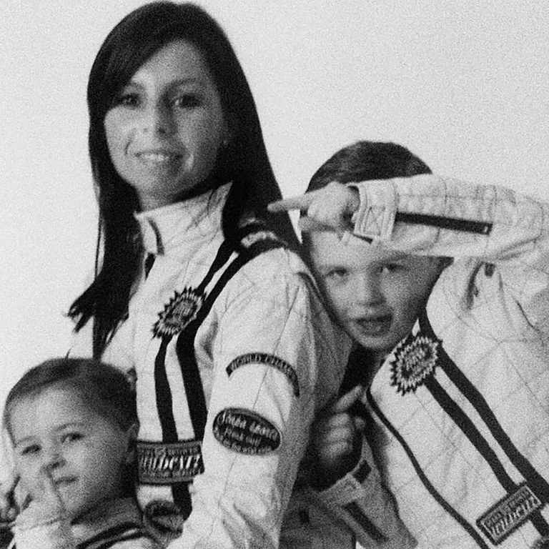 Sophie Kumpen, here with her two children Max and Victoria, ended up calling time on her F1 ambitions to support her family. 