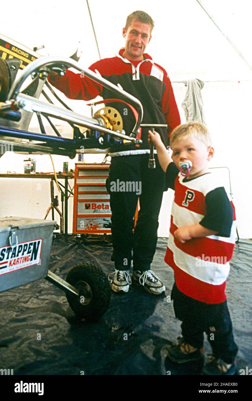 Max Verstappen with his father Jos during the karting European Championship in 1999. 