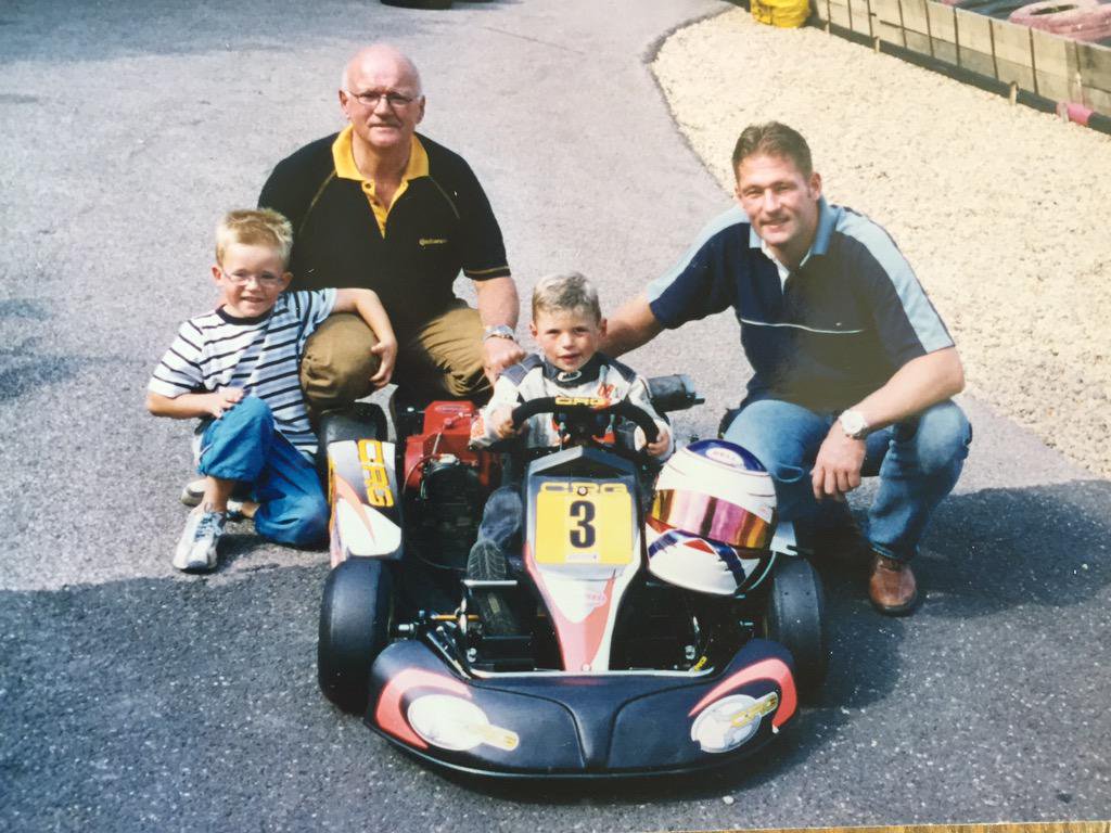 Young Max posing in his kart together with his recently deceased grandfather Frans Verstappen, father Jos Verstappen and Jos's half-brother (and Max's uncle) Danillo Verstappen.