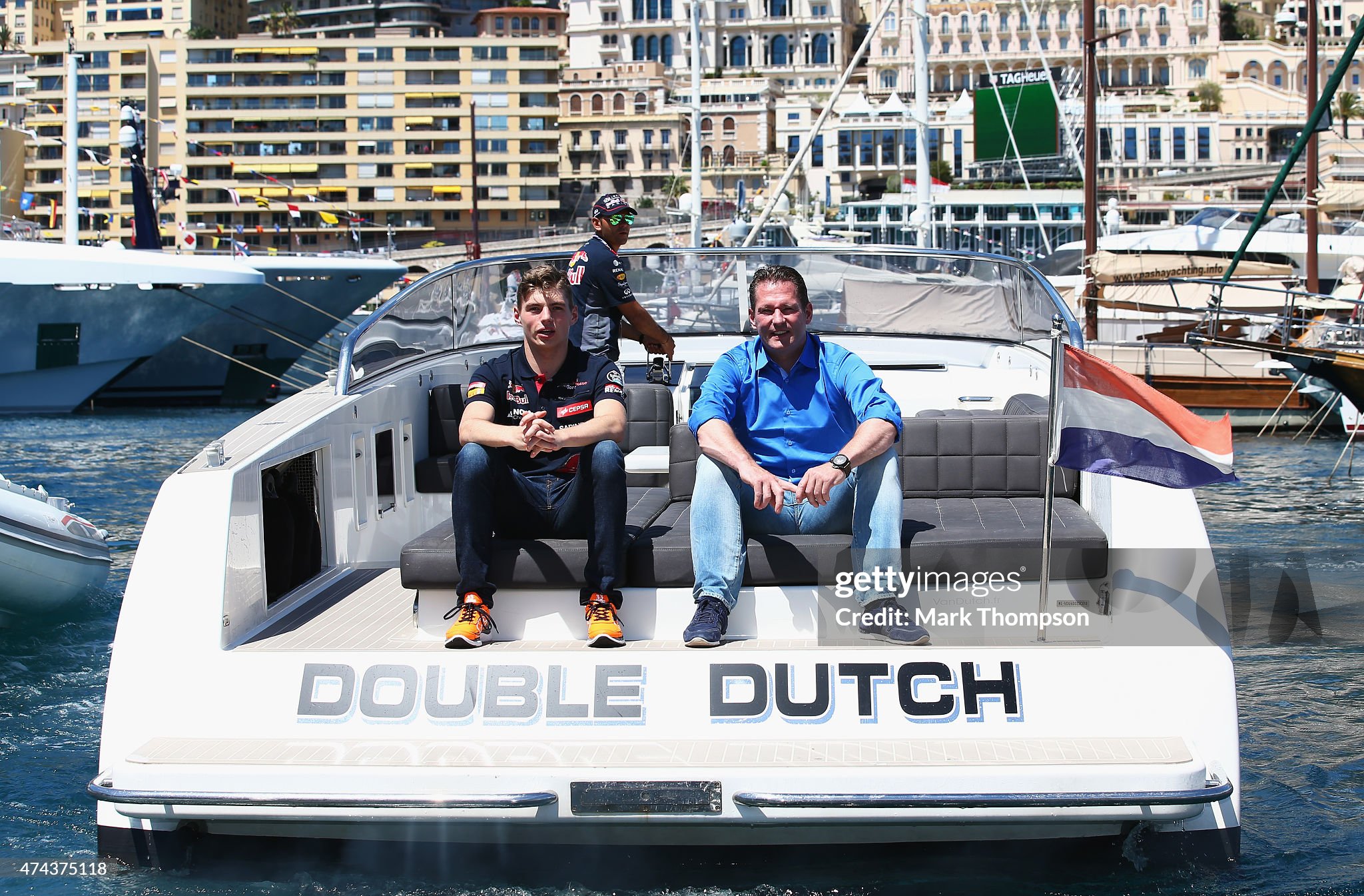 Max Verstappen, Toro Rosso, with his father Jos are seen on a boat in the harbour during previews of the Monaco Grand Prix on 22 May 2015. 